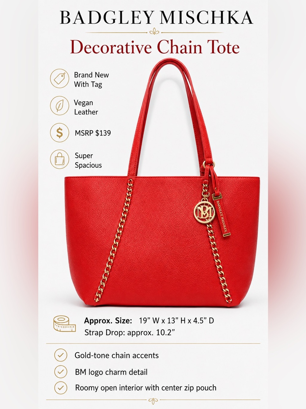 Badgley Mischka Red Decorative Chain Tote Bag NWT MSRP $139 - Picture 2 of 8
